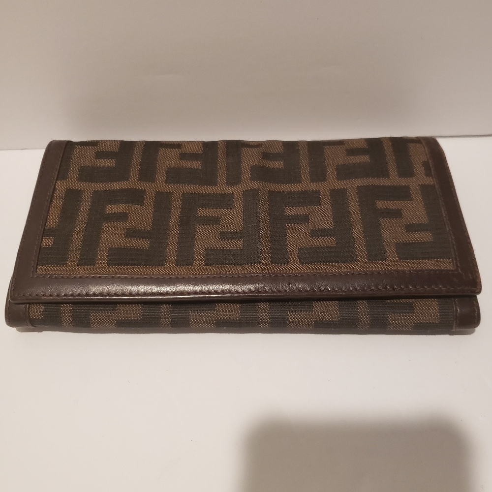 💖100% Authentic Vintage FENDI Zucca FF Logo Canvas & Leather Continental Wallet - Picture 4 of 16